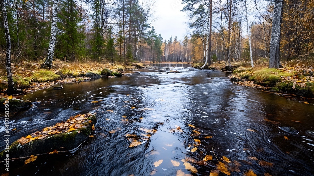 Aufkleber tranquil stream flowing through scenic autumn forest with fallen leaves and misty atmosphere : gener