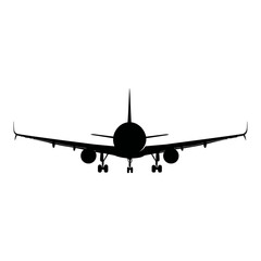 Monochrome silhouette illustration of a passenger airplane viewed from the front, with visible wings, engines, fuselage, tail, and landing gear. Represents travel, aviation, transportation.