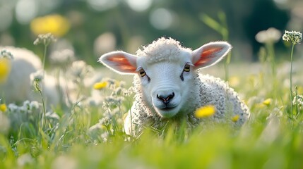 Obraz premium Close up of a fluffy sheep in a meadow filled with wildflowers under a sunny sky : Generative AI