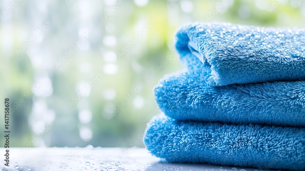 Poster fresh clean blue towels stacked on table with water drops and relaxing atmosphere : generative ai