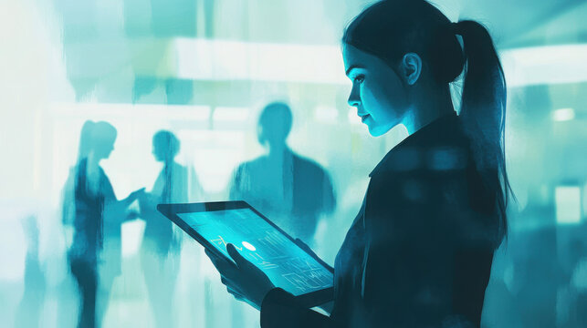 Portrait of a focused businesswoman working on a tablet, analyzing digital marketing strategies and social media content