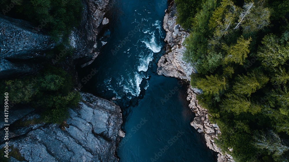 Poster aerial view of beautiful river winding through forested mountains : generative ai
