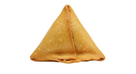 Isolated samosa pastry with golden brown crust on a plain black background in a studio shot view