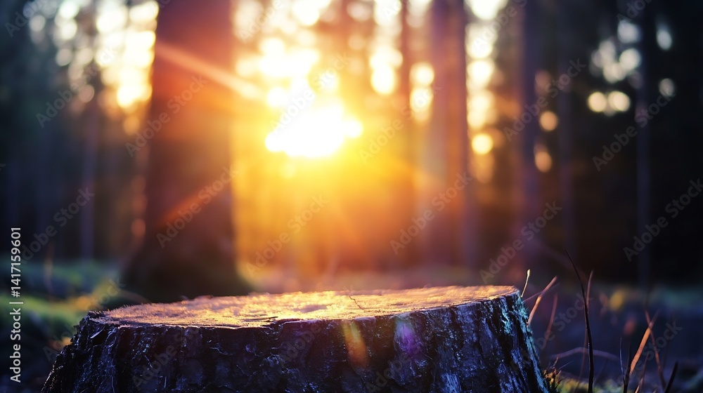 Poster Sunrise Through Forest Trees Captured on a Stump with Soft Glowing Light and Beautiful Nature Background : Generative AI