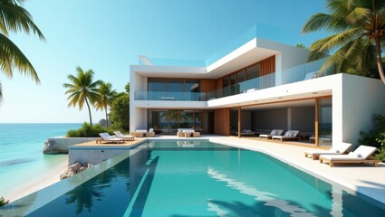Fototapeta premium Simple yet elegant house set against a bright blue sky surrounded by lush greenery in a peaceful and inviting environment