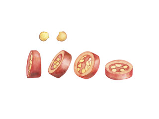 Watercolor illustration of red chili pepper slices and seeds from different angles. Hand drawn spicy vegetables in botanical style. Perfect for food packaging, culinary design, recipes, kitchen decor