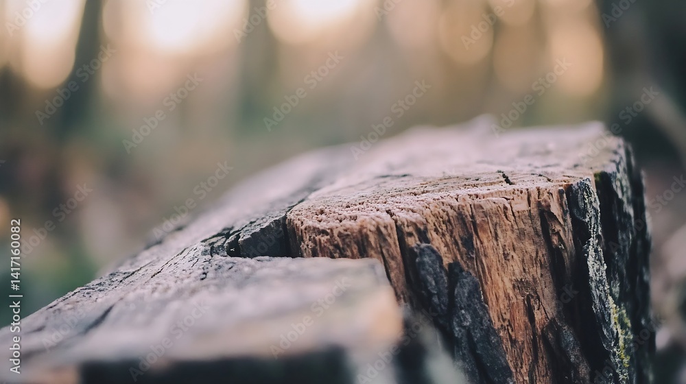 Aufkleber Natural rustic wooden log with soft bokeh background in serene forest lighting : Generative AI