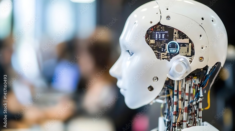 Poster Futuristic Robot Head with Advanced Technology Components and Circuits : Generative AI