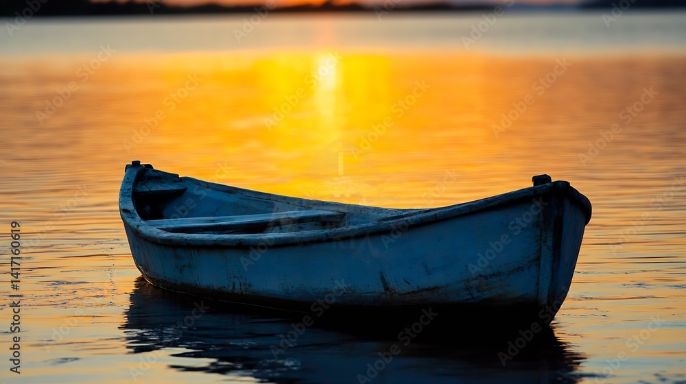 Aufkleber serene empty boat floating on tranquil lake at sunset golden reflections : generative ai