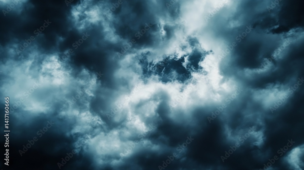 Poster dramatic storm clouds forming thick overcast sky with light break : generative ai