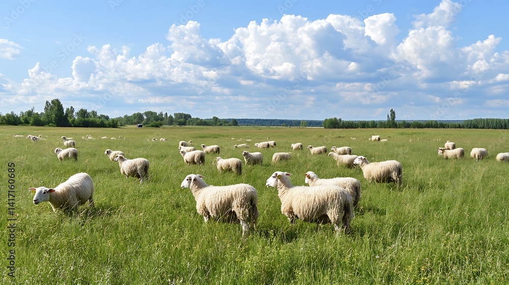 Poster flock of sheep grazing in a lush green field against a bright blue sky : generative ai