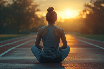 Woman meditating at sunrise on track embracing peaceful mind and body awareness