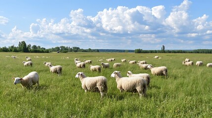 Fototapeta premium Flock of Sheep Grazing in a Lush Green Field Against a Bright Blue Sky : Generative AI