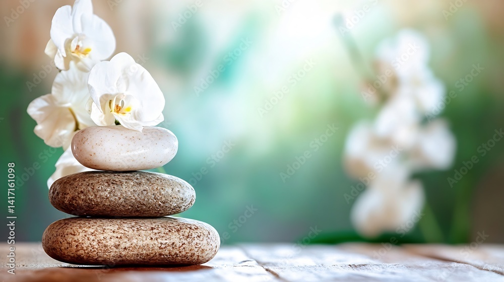 Poster stacked stones and blooms creating a peaceful zen garden composition : generative ai