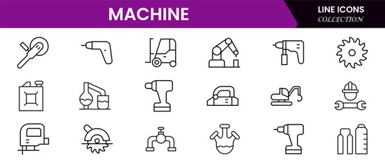 Vector icon collection of factory designs, including machinery, automation, production, and industry elements in a clean style