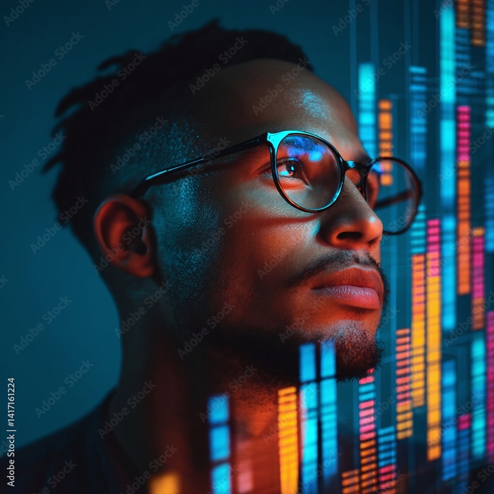 Poster a focused individual with glasses contemplates data visualizations in a dark, tech-inspired environm