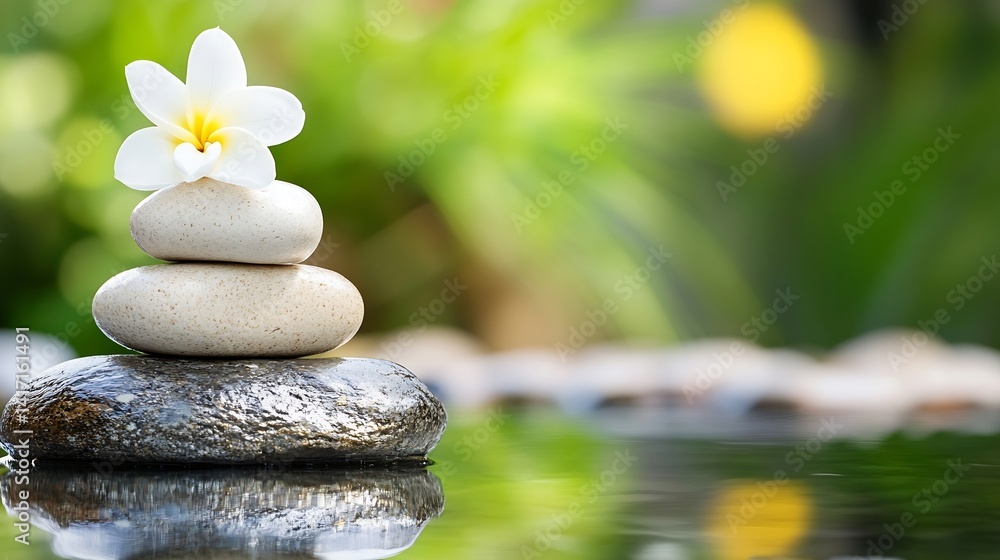 Poster Tranquil spa setting with stacked stones and white flower for relaxation and meditation on still water : Generative AI