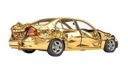 Wrecked luxury: A golden car crash, artistic automotive destruction concept