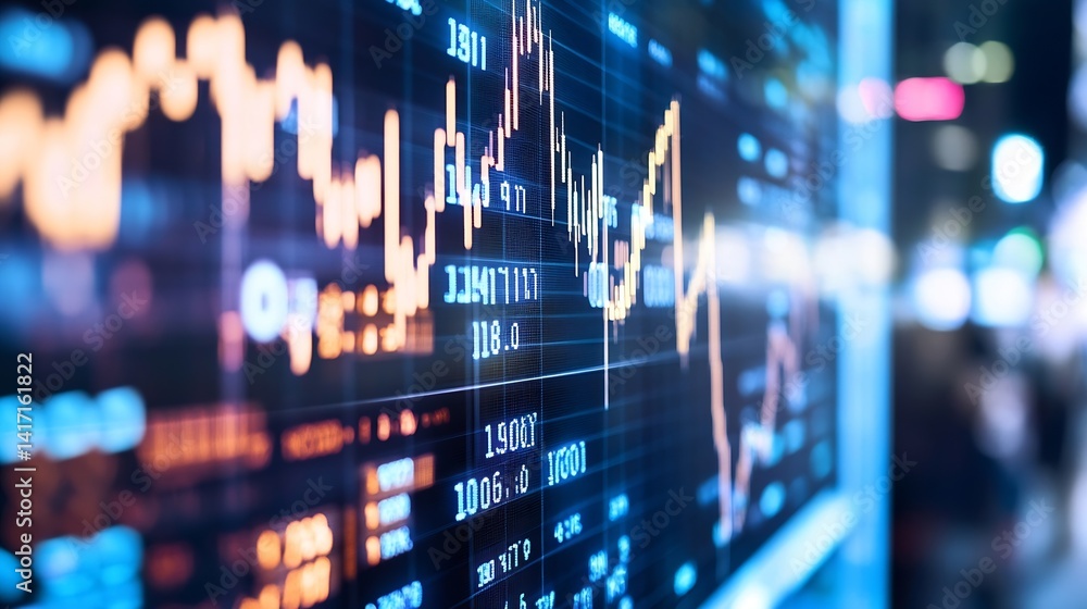 Poster Stock market chart with glowing data points showing market trends and financial analysis : Generative AI