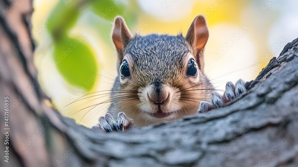 Poster Curious Squirrel Peeking Through a Tree Branch With Enchanting Background : Generative AI