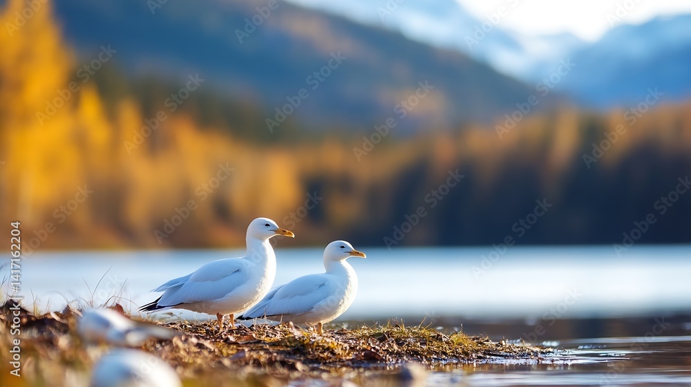 Poster two white seagulls at tranquil lakeside with autumn forest in background : generative ai