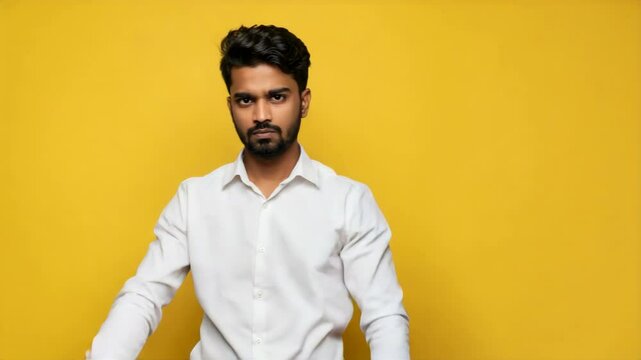 Confident young man gesturing stop against yellow background