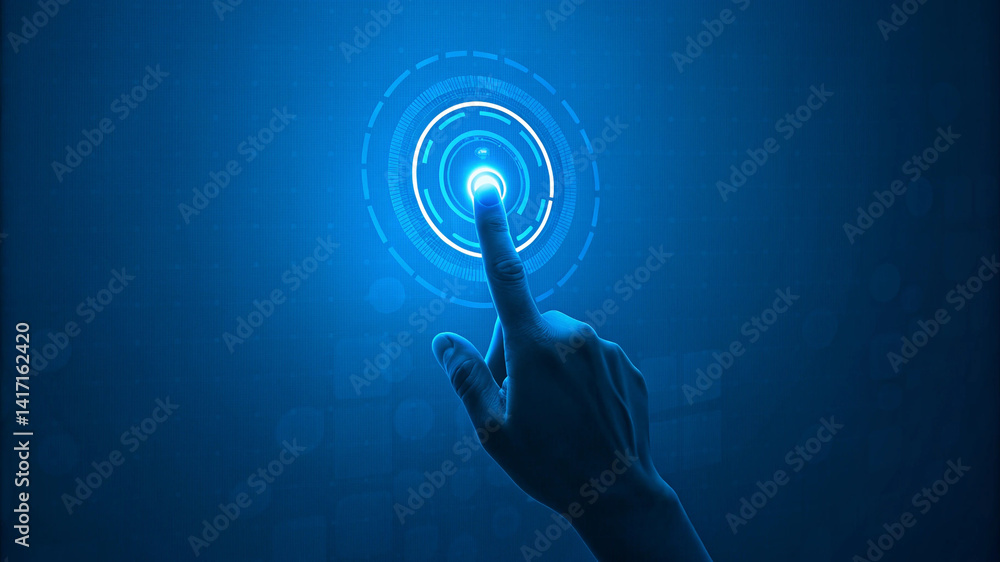 Poster hand touch digital hud interface futuristic technology background of virtual computer screen display