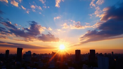 Fototapeta premium Stunning sunset viewing city skyline with dramatic clouds and rays of sunlight : Generative AI