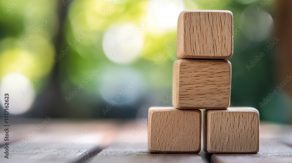 Aufkleber wooden building blocks stacked in nature scene with blurred background : generative ai