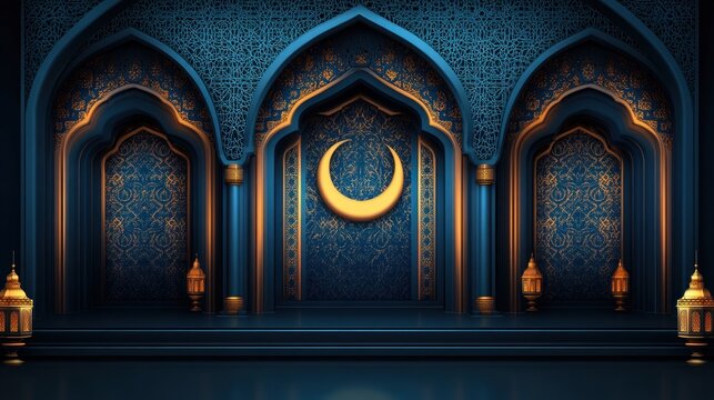 Islamic Architecture, Ramadan Crescent Moon, Ornate Interior, Decorative Background