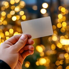 Hand holding a frosted card with bokeh lights in background