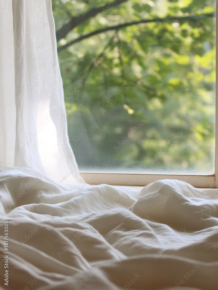 Aufkleber cozy bedroom scene with soft bed linen and natural light streaming through window : generative ai