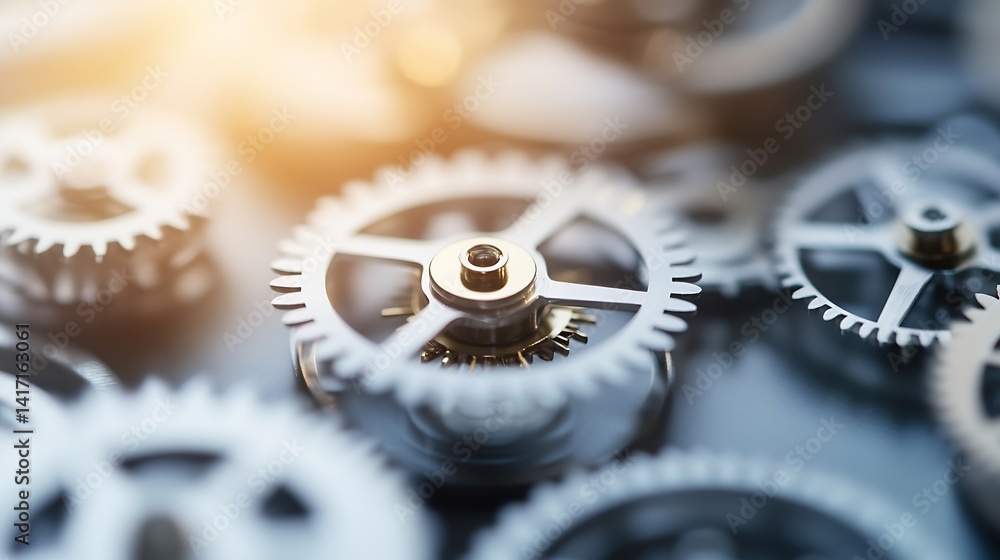 Poster Close up of intricate gears and cogs in mechanical machinery with sunlight reflection : Generative AI