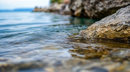 Fototapeta premium Serene lake with pebbles under clear water and smooth rocks captured in a tranquil moment : Generative AI