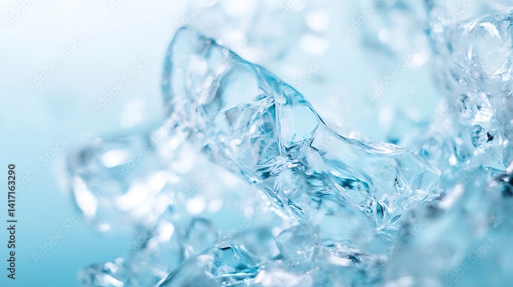 Poster close up of beautiful clear ice cubes melting on a blue background : generative ai