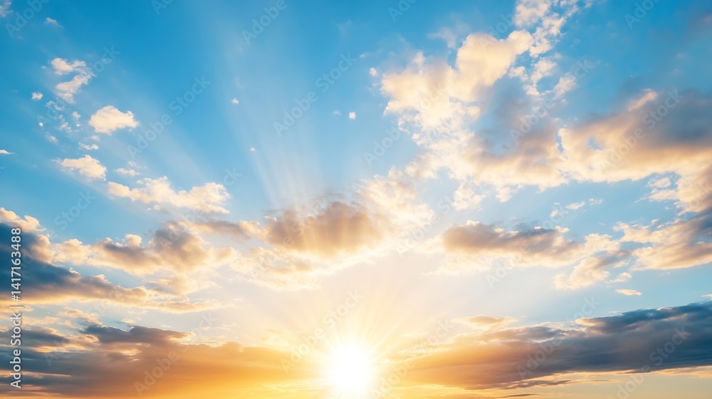 Aufkleber stunning sunset sky with colorful cloud patterns and radiant sun rays spreading across the horizon :
