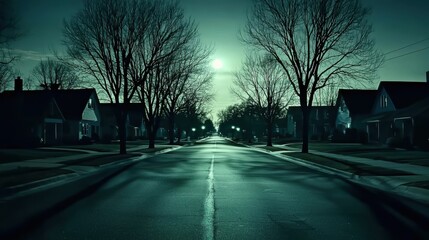 Fototapeta premium Gloomy street view. Trees and houses silhouetted under a bright, full moon at night