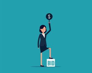 Businessman holding auction paddle. Flat vector illustration. stock illustration