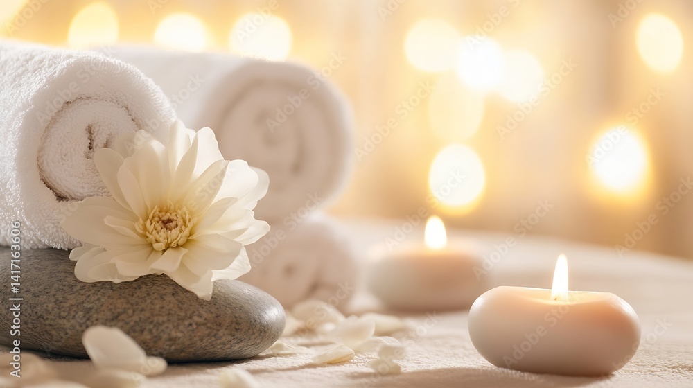 Aufkleber Tranquil spa scene with rolled towels and scented candles on a serene background : Generative AI