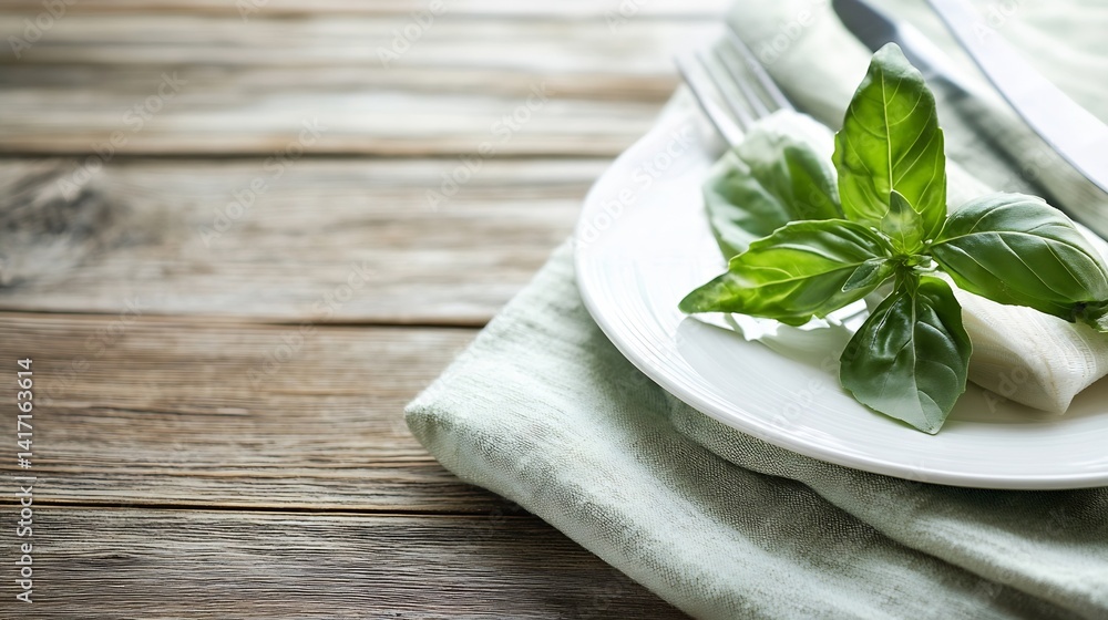 Poster fresh basil leaves elegantly arranged on a white plate with rustic wood background : generative ai