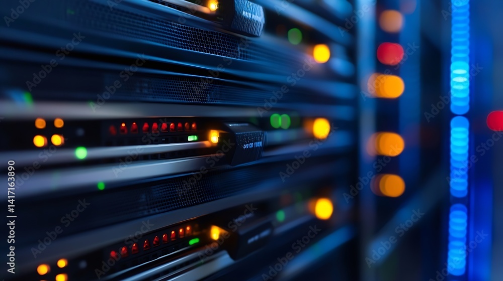 Aufkleber Close Up of Server Rack with Lights Indicating Network Activity in Data Center : Generative AI