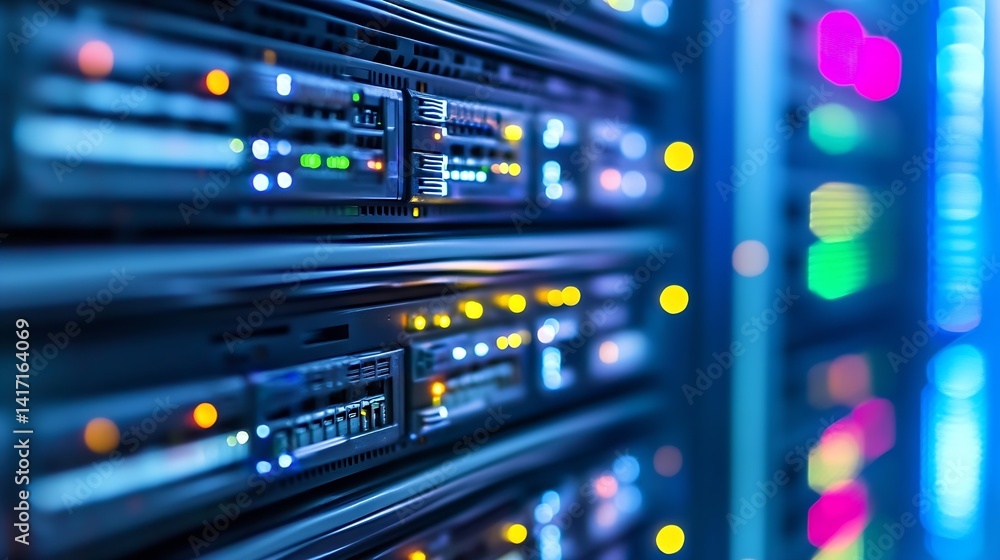 Poster High Tech Data Center Servers with Bright LED Lights for Digital Infrastructure : Generative AI