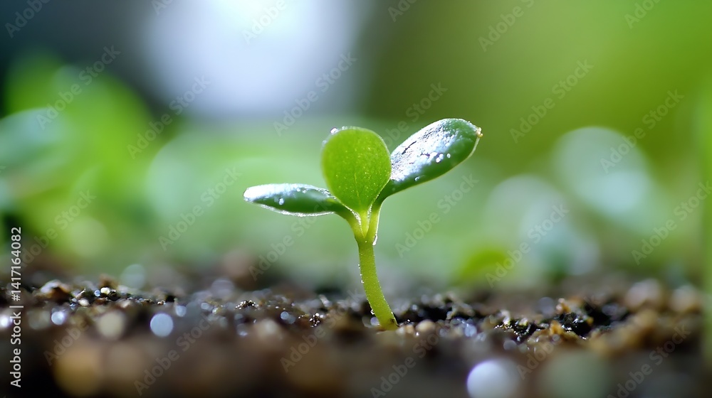 Poster small green seedling emerging from soil representing growth and renewal : generative ai