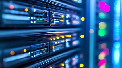 Obraz premium High Tech Data Center Servers with Bright LED Lights for Digital Infrastructure : Generative AI