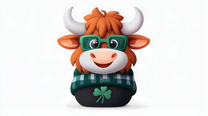 Adorable Cartoon Highland Cow in Green Sweater and Glasses