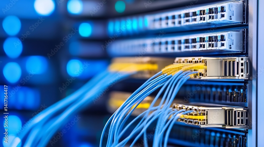 Aufkleber close up of network cables and servers in a modern data center with vibrant blue lights : generative