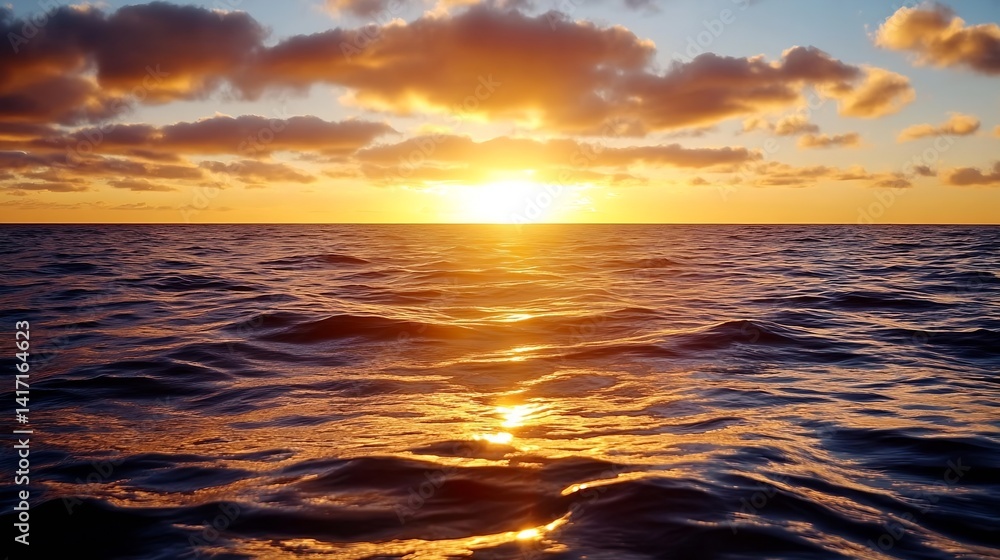 Poster serene ocean sunset over calm water with reflective waves and cloudy sky : generative ai