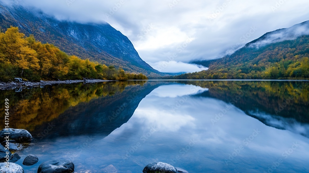 Aufkleber stunning serene lake surrounded by autumn mountains and reflective water under cloudy sky : generati