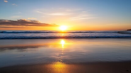 Beautiful Ocean Sunset with Golden Reflections on Tranquil Beach Waves : Generative AI