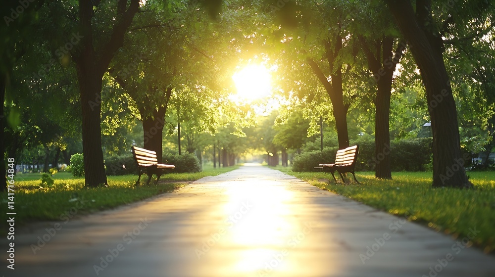Leinwandbilder sunlight filtering through trees in a peaceful park pathway : generative ai